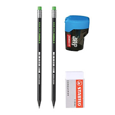 Bộ 2 cây bút chì gỗ STABILO Swano 2B thân đen + tẩy ER193 + chuốt chì PS4538 (PC4918-C2S+) - Hồng