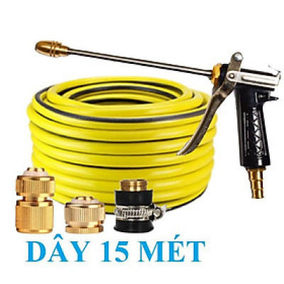 Bộ dây vòi xịt nước rửa xe, tưới cây . tăng áp 3 lần, loại 15m 206701-3 đầu đồng,cút đồng,+ tặng đai