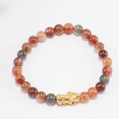 Vòng tay thạch anh tóc đa sắc phối tỳ hưu bạc mạ vàng (7mm) Ngọc Quý Gemstones