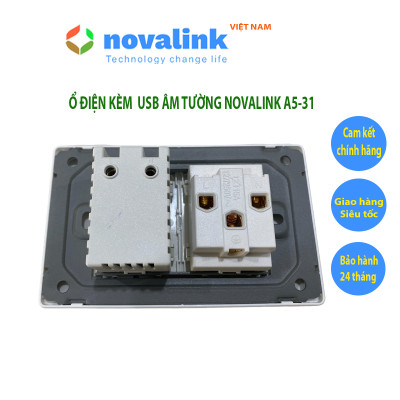 Ổ USB âm tường kèm ổ điện Novalink A5-31, mặt nắp chất liệu nhựa chống cháy, lõi đồng cao cấp, công suất ổ USb 5V-2.1A, công suất ổ điện 16A - Hàng chính hãng, Full thuế VAT, COCQ