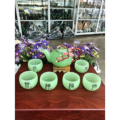 Bộ ấm trà chạm hoa mai đá ngọc cẩm thạch xanh