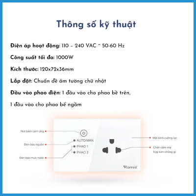 Ổ cắm chống giật cho phao điện, bồn, bể ngầm Vconnex. Nút bấm cảm ứng bật tắt an toàn.