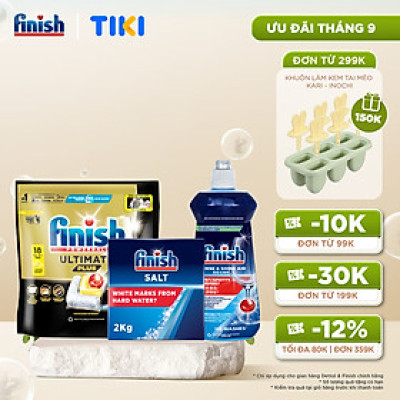 Combo Finish: Viên rửa chén Ultimate 18 viên + Nước làm bóng 500ml + Muối rửa chén 2kg