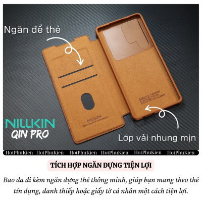 Bao da chống sốc ngăn đựng thẻ card cho Samsung Galaxy S25 Ultra / S25 Plus hiệu Nillkin Qin Pro - Da PU cao cấp, Viền TPU, sang trong, nắp trượt bảo vệ camera - Hàng nhập khẩu