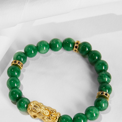 Vòng tay đá cẩm thạch sơn thủy charm tỳ hưu bọc vàng 24k Ngọc Quý Gemstones