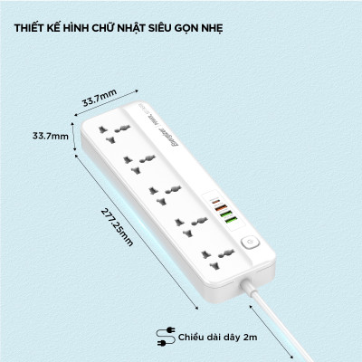 Ổ điện đa năng 5AC kèm 3USB-A và 1USB-C sạc nhanh PD (max 20W) - White - Chịu tải tối đa 2500W - Hàng chính hãng