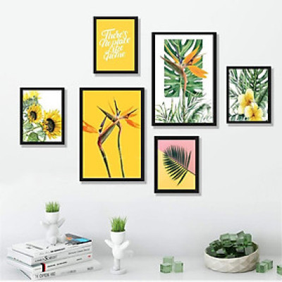 Bộ 6 Tranh treo tường kèm khung màu đen, lá cây nhiệt đới, ,tông màu vàng tươi sáng, hiện đại , Tặng kèm khung và đinh ba chân treo tranh chuyên dụng PVP-TP167