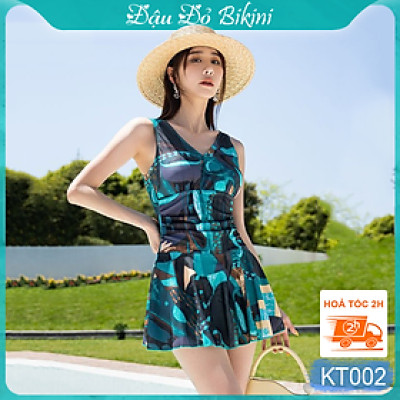 Áo tắm nữ dáng váy liền thân thời trang, thiết kế dấu bụng giúp thon gọn xinh xắn hơn, phom rộng rãi phù hợp cho cả các mẹ, các bác tuổi trung niên | KT002