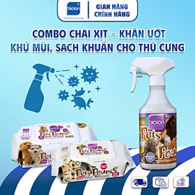 Combo Chai Xịt - Khăn Ướt Bioion Khử Mùi Sạch Khuẩn Cho Chó Mèo