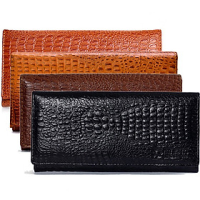 Bóp nữ da thật vân cá sấu Huy Hoàng 2 gấp vân nhỏ màu da, đen, nâu, vàng bò HT3101-02-03-04