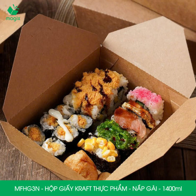 MFHG3N - 25 hộp giấy kraft thực phẩm 1400ml, hộp giấy nắp gập màu nâu đựng thức ăn, hộp giấy nắp gài gói đồ ăn mang đi 