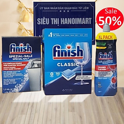 Combo 110 viên Finish+1.2kg muối rửa bát Finish+Nước làm Bóng Finish 750ml dùng cho máy rửa bát chén