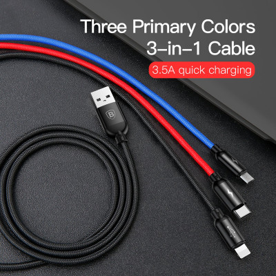 Cáp sạc 3in1 Baseus Three Primary Colors Fast Charging Cable 3.5A CAMLT-BSY USB to C+M+L- hàng chính hãng