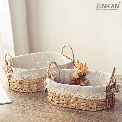 Giỏ Đựng Đồ Ăn Vặt Có Quai Hình Bầu Dục Lót Vải Hoa – Sợi Giấy Cán Mỏng Nhẹ Bền, Dễ Vệ Sinh