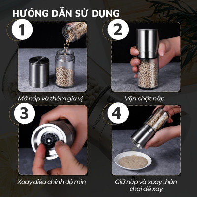 Lọ xay tiêu DandiHome inox 304, thủy tinh Borosilicat cao cấp trong suốt