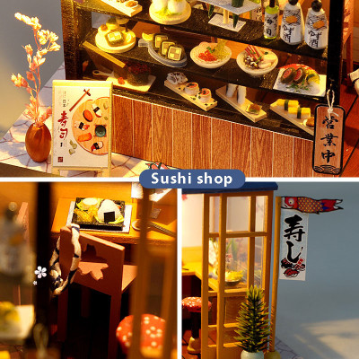 Mô hình nhà búp bê lắp ghép bằng gỗ Mẫu Sushi Shop tặng kèm dụng cụ lắp ghép, keo silicon