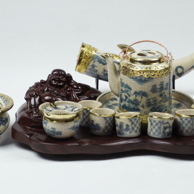 Bộ ấm tích men rạn Bát Tràng bọc đồng cao cấp