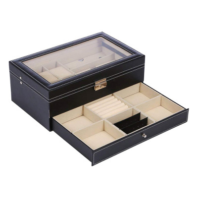 Hộp Đựng Đồng Hồ Nam Nữ  2 Tầng 21 Ngăn Bọc Da Cao Cấp Có Mút Silicon Chống Xước Mặt Đồng Hồ - Hàng Chính Hãng MINIIN