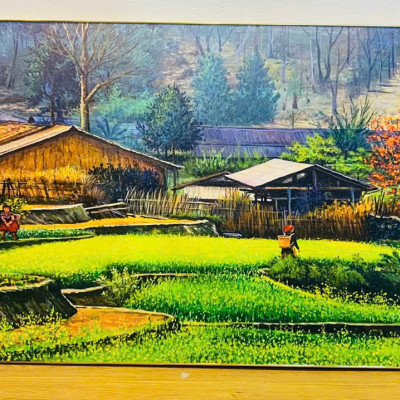 (ẢNH CHỤP THẬT) Tranh treo tường cảnh núi rừng tây bắc trang trí phòng khách,nhà hàng, khách sạn kèm đinh treo