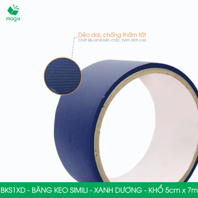 BKS1XD - 1 cuộn băng keo Simili khổ 5cm x 7m - Xanh dương - Băng dính dán gáy sách, đóng cuốn