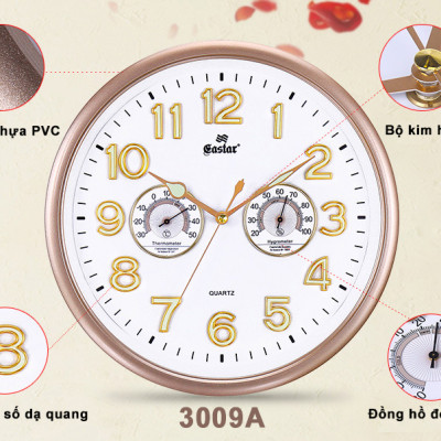 Đồng Hồ Treo Tường Cao Cấp EASTAR KIM TRÔI Tròn Có DẠ QUANG - ĐH Đo NHIỆT ĐỘ Và ĐỘ ẨM - Số Nổi 3D - Tặng Pin Maxell - BH 1 Năm