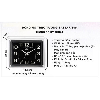 Đồng Hồ Treo Tường KIM TRÔI EASTAR Cao Cấp Mặt Chữ Nhật Ánh Kim – Mặt Kính 3D Tràn Viền – Bộ Số Nổi 3D