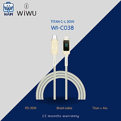 Cáp sạc hàng chính hãng WiWU Titan C to L Wi-C038, siêu bền, PD30W, có màn hiển thị
