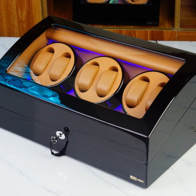 Hộp Đựng Đồng Hồ Cơ 6 Xoay + 7 Trưng Bày Vỏ Gỗ Sơn Mài (Đèn LED)