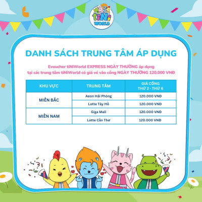 Vé cổng điện tử tiNiWorld EXPRESS NGÀY THƯỜNG áp dụng tại các trung tâm tiNiWorld có giá vé vào cổng 120.000 VNĐ