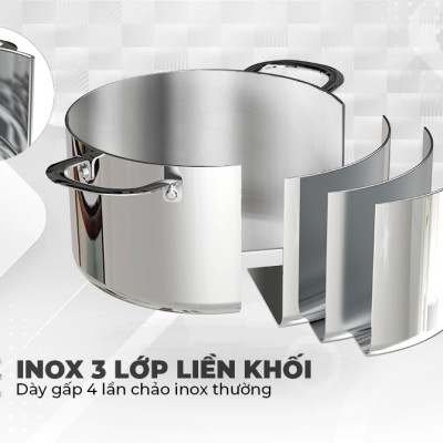 Bộ nồi Inox đa lớp Sunhouse Mama SHG701, Nồi inox 3 lớp nguyên khối dày gấp 4 lần inox thông thường, Hiệu suất bắt từ lên tới 99%, An toàn tuyệt đối cho sức khỏe - Hàng chính hãng