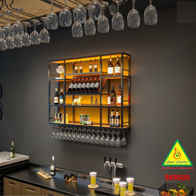 KỆ TRƯNG RƯỢU KHUNG SẮT – MẶT GỖ CÓ ĐÈN 5KRS05 - NỘI THẤT LẮP RÁP VIENDONGADV