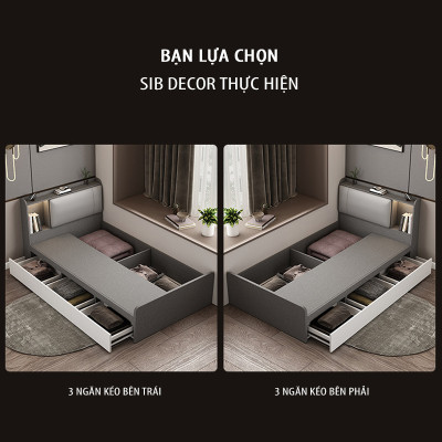 Giường Gỗ Đơn Dài 1.2m Phối Đèn LED và 3 Ngăn Kéo Màu Vân Vải Phối Trắng SIB Decor GN15