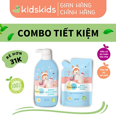 COMBO Nước rửa bình sữa Organic an toàn cho bé Lamoon dạng Bình 500ml + Túi refill 450ml