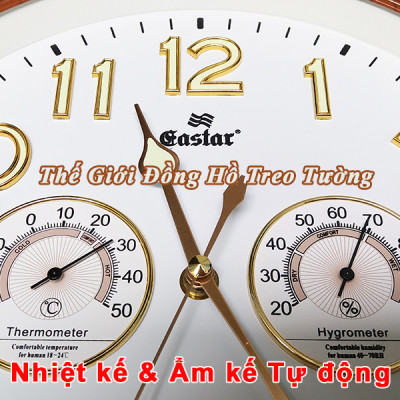 Đồng hồ EASTAR Kim Trôi có DẠ QUANG và NHIỆT ẨM KẾ Tự Động – Số nổi 3D Viền Vân Gỗ – Tặng Pin Maxell.