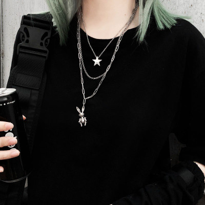 Vòng cổ titan thép 3 lớp ngôi sao và đầu thỏ cực chất