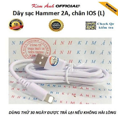 Dây sạc Ham mer chân cắm IOS (L ) dòng điện 2A, Kim Ánh bảo hành hàng chính hãng 12 tháng