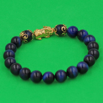 Vòng đeo tay Đá Mắt Hổ Xanh Đen 8 ly - cẩn Tỳ Hưu Phong Thủy inox vàng VMHXETHHKV8 - hợp mệnh Mộc, mệnh Thủy