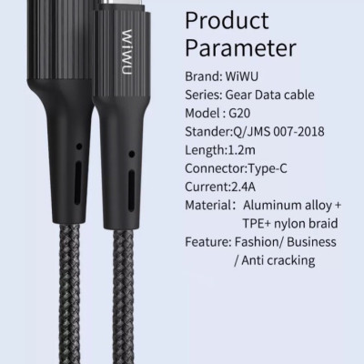 Cáp Wiwu Gear Charging & Sync Cable 2.4A 1.2M G20 cho các thiết bị sạc Type-C, hỗ trợ sạc nhanh, chống rối - Hàng chính hãng