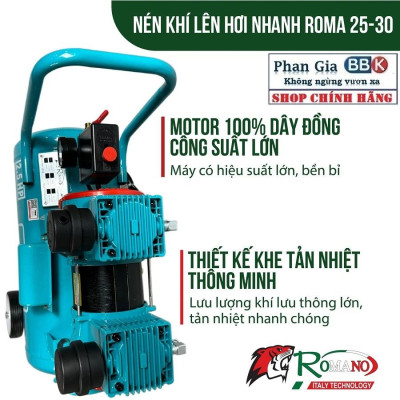 [chính hãƞg] Máy nén khí không dầu lên hơi  nhanh ROMANO 30L, Mô tơ 100% Dây đồng, Bảo hành 1 năm
