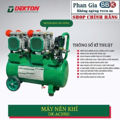 Máy Nén Khí 4HP/50L Dekton Khong Dầu / DK-AC3950 / 42 Giây Đầy Bình, 100% Dây đồng, BH chính hãƞg