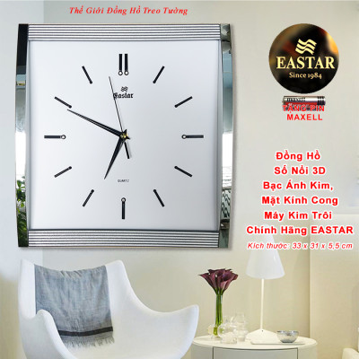 Đồng Hồ KIM TRÔI EASTAR Mặt Kính Cong Cao Cấp - Mặt Chữ nhật Ánh Kim - Tặng Pin Maxell - BH 1 Năm - Decor Trang Trí Treo Tường