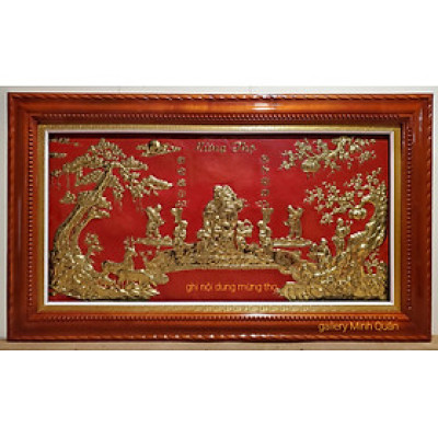 Tranh mừng thọ bằng đồng vàng liền tấm thúc gò tay khung gỗ dổi