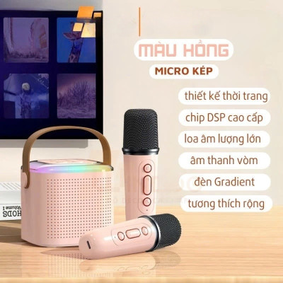 Loa Bluetooth mini kèm 2 micro hát karaoke không dây - Mic hát karaoke âm thanh chất lượng lọc âm khử nhiễu LED RGB - Hàng Nhập Khẩu