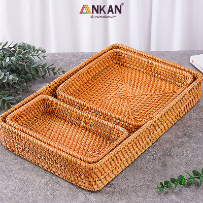 Khay Trang Trí Mây Tre Đan ANKAN – Rổ Vintage Handmade Đựng Trái Cây, Bánh Kẹo, Mỹ Phẩm, Trà Bánh