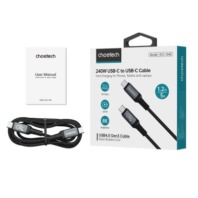 Cáp sạc nhanh Type C to Type C 240W Choetech XCC-1040 hỗ trợ truyền tải dữ liệu 8K@60Hz (Hàng chính hãng)