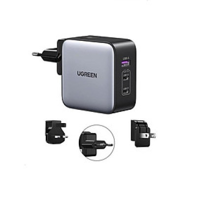 Ugreen UG90409CD296TK 65W Bộ sạc nhanh Nexode GaN 2 cổng USB Type-C + USB-A Màu Đen kèm 3 chuẩn cắm US EU UK - HÀNG CHÍNH HÃNG