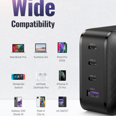 Ugreen UG70773CD224TK 65W 3C + 1A PD3.0 GaN sạc siêu nhanh 4 cổng 3x type C và 1x A màu đen - HÀNG CHÍNH HÃNG