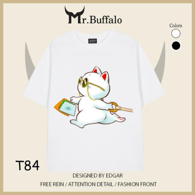 Áo đôi tay lỡ unisex Mèo dễ thương mèo trắng kéo mèo vàng cho cặp đôi Mr.Buffalo