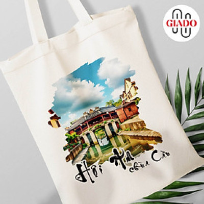Túi canvas GIADO, túi vải bố, túi tote mẫu Hội An chùa Cầu chữ thư pháp