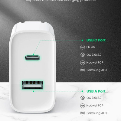 Ugreen UG60467CD170TK 30W bộ sạc 2 cổng sạc USB type C và A màu trắng - HÀNG CHÍNH HÃNG